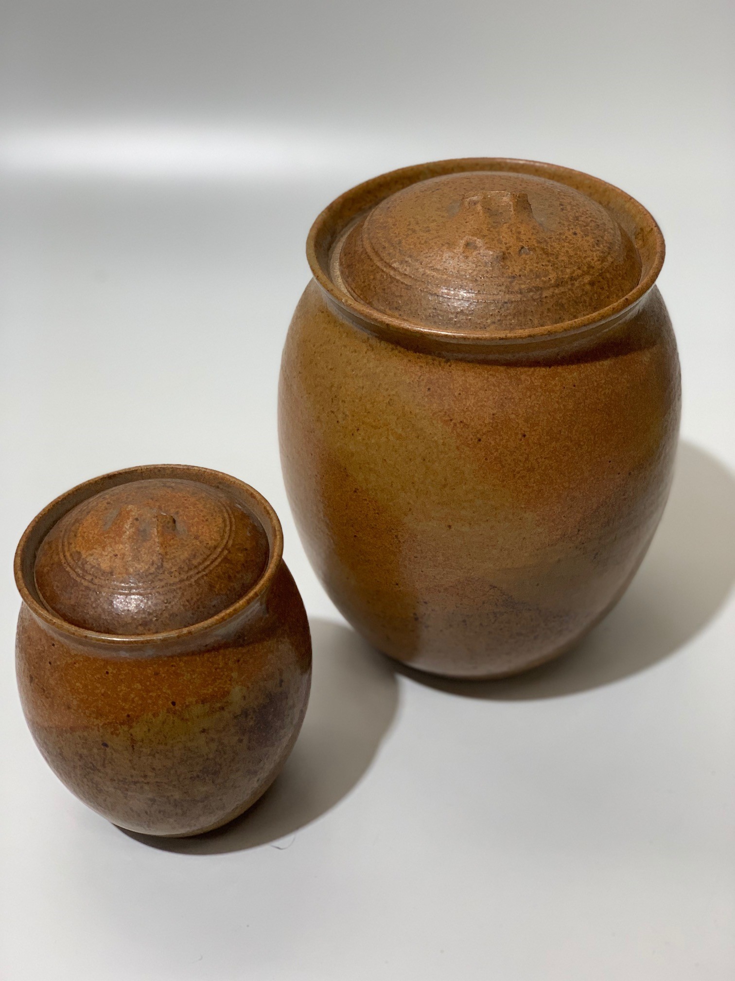 CANNISTER, Stoneware or Pottery Glazed Brown w Broken Lids (Set of 3)